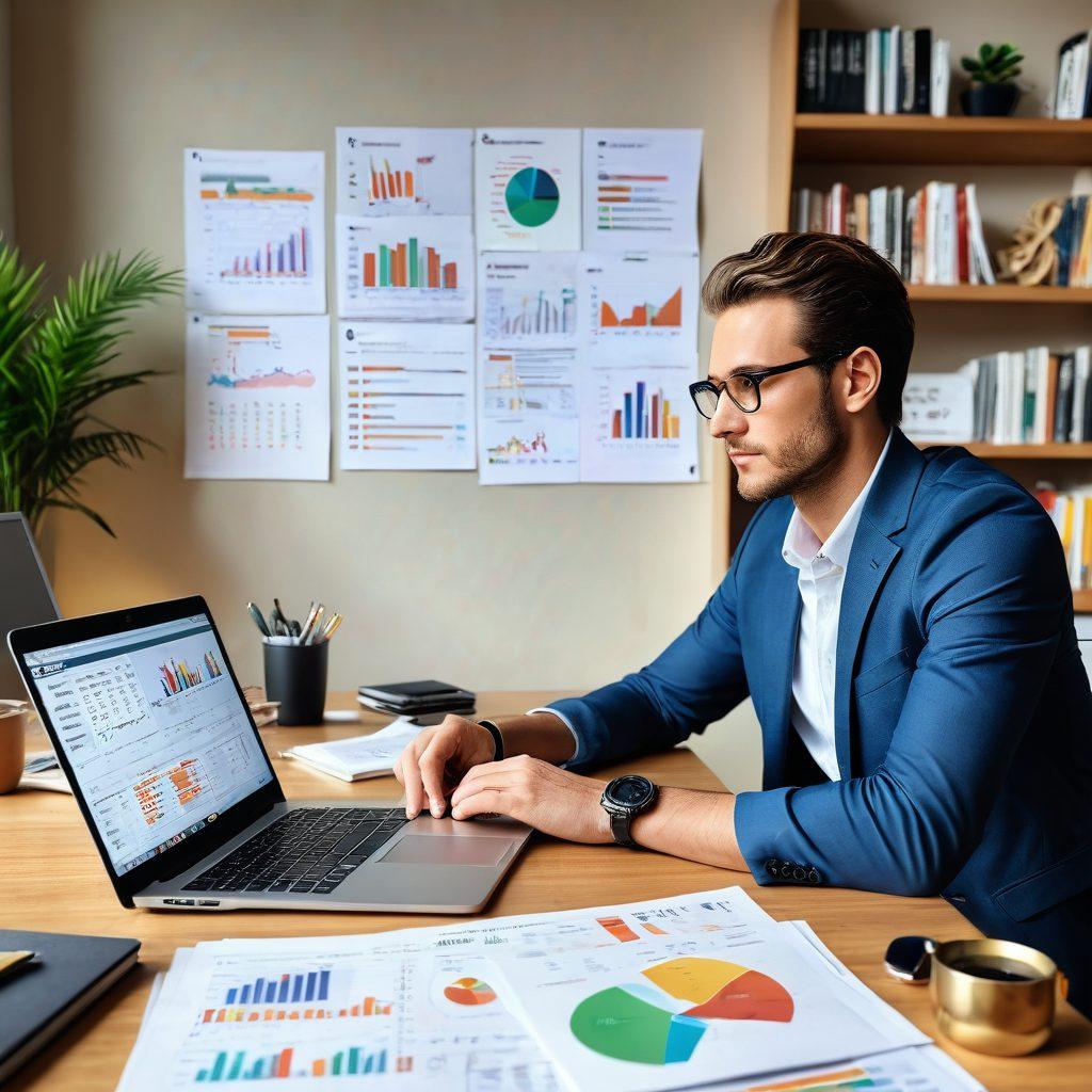 A confident person analyzing financial charts and graphs on a laptop, surrounded by stacks of coins and investment books, with a vision board of financial goals in the background. Soft light illuminating a cozy workspace, showcasing a blend of focus and ambition. super-realistic. vibrant colors. 3D.
