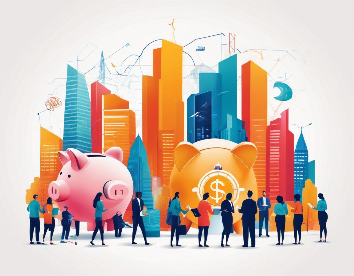 A detailed illustration of a diverse group of people examining different banking products, such as mobile apps, credit cards, and loan brochures, set against a city skyline with financial icons. Include elements like a compass and roadmap emphasizing navigation through choices. Bright and engaging colors to attract attention and represent variety in financial products. vector art. vibrant colors. white background.